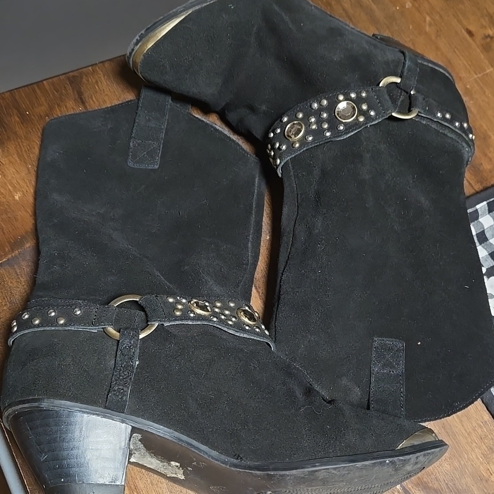 Diane Gilman Suede Embellished Harness Boots Suede Black Gold Tone Toe Cap Moto - Picture 8 of 9